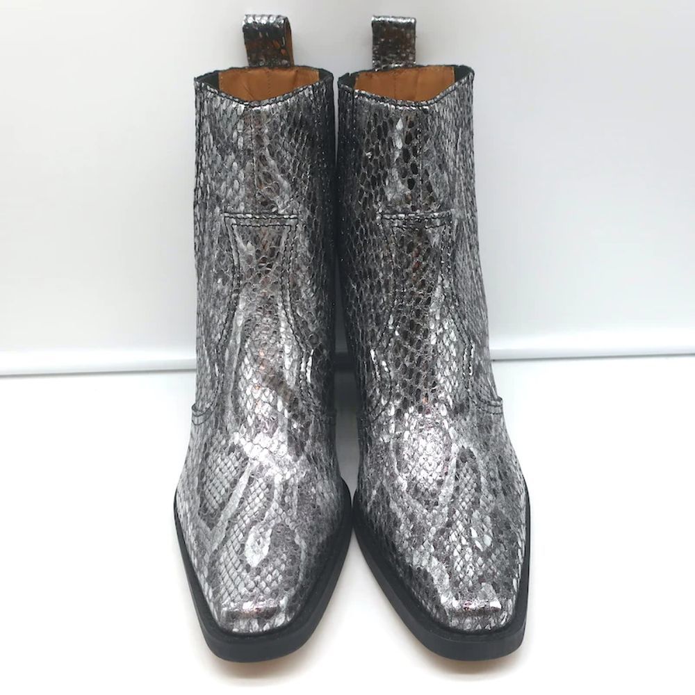 Ganni Callie Western Chelsea Boots Silver Metallic Snake-Print Leather Size 39 - Picture 3 of 10